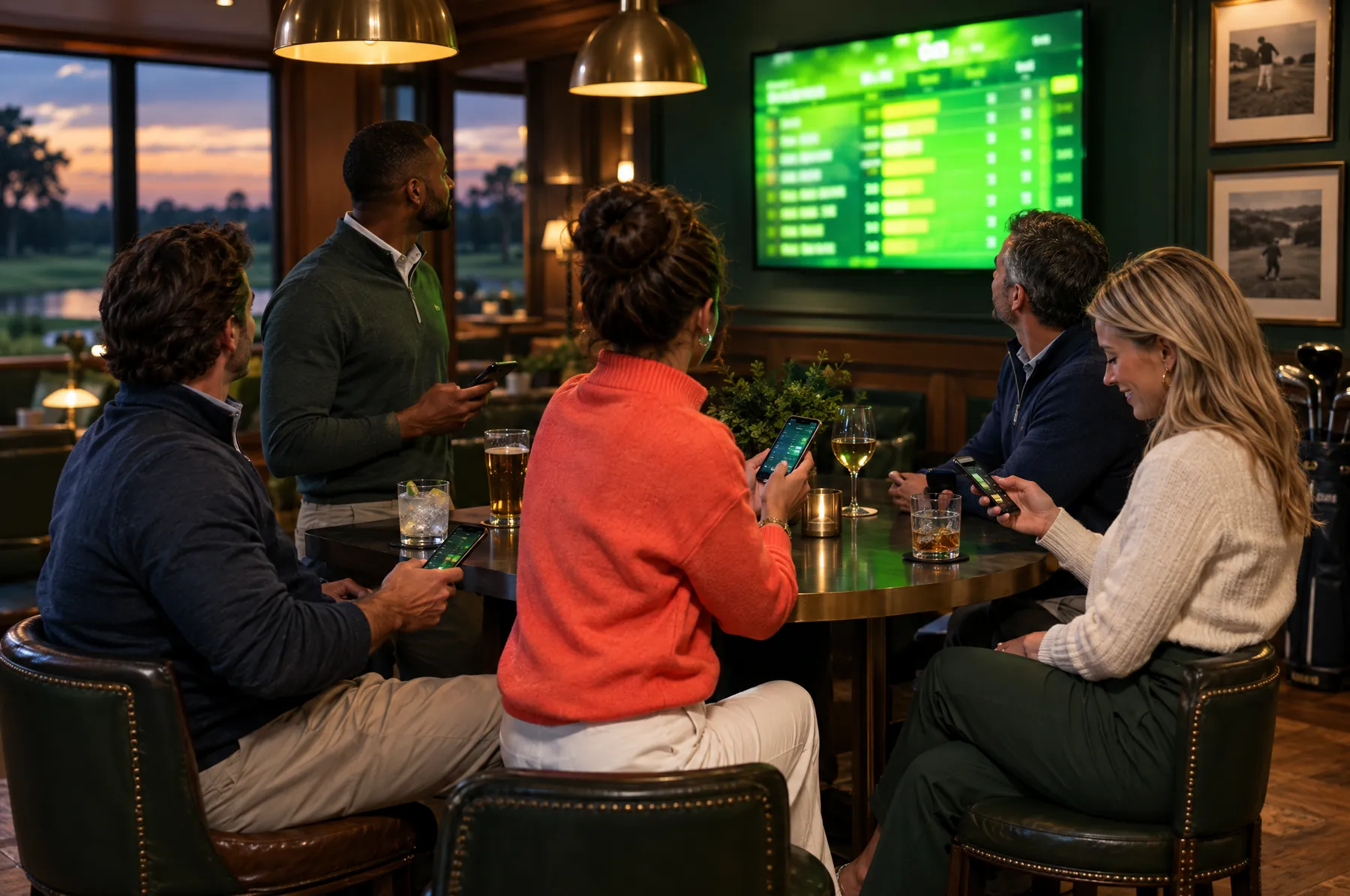 Members around a high table in a club grill room, phones out, watching the odds board on the TV