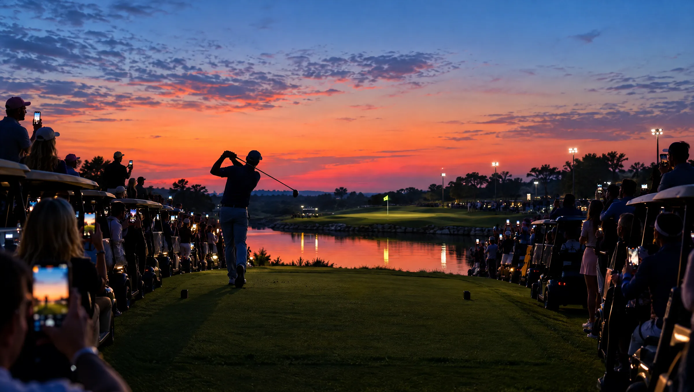 A crowd of carts and spectators around a tee box at blue hour during a horse race shootout
